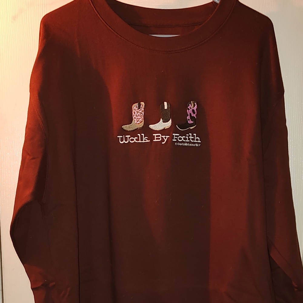 Love in Faith WALK BY FAITH Embroidery Rust Sweatshirt. Large